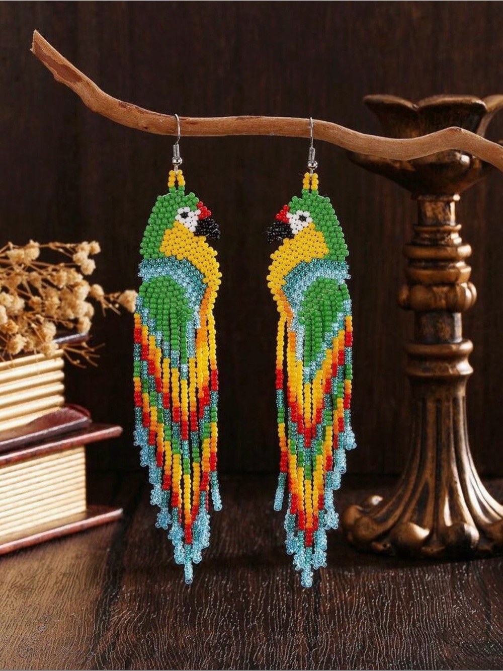 New Hand-Beaded Parrot Fringe Earrings